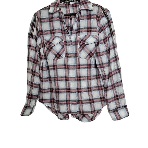 SAM EDELMAN Womens Shirt Riley Plaid Boyfriend Split Hem Button Up Zippers Med - Picture 3 of 12